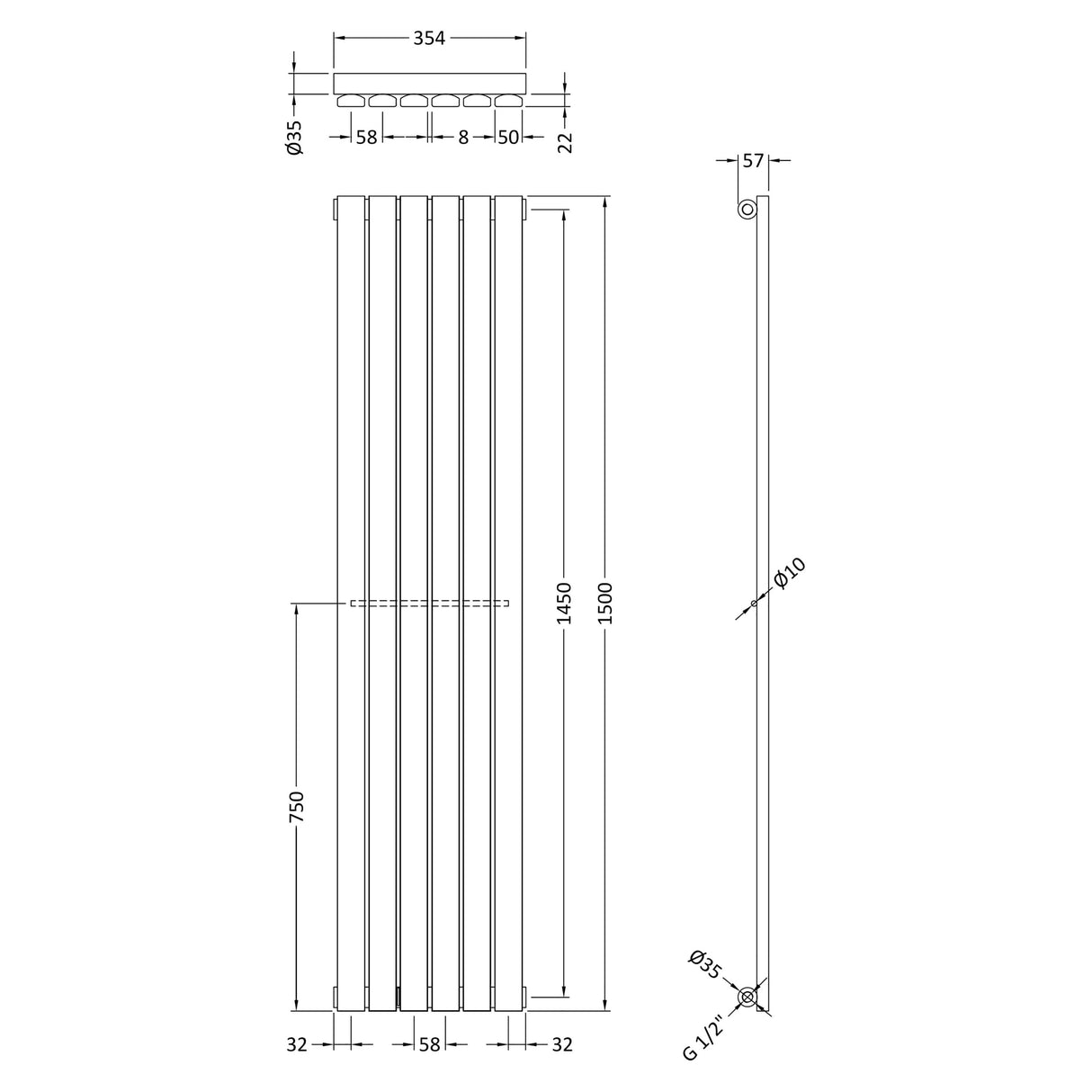 Vertical Single Panel Radiator – Square Design, Anthracite or Satin White, 1500mm & 1800mm