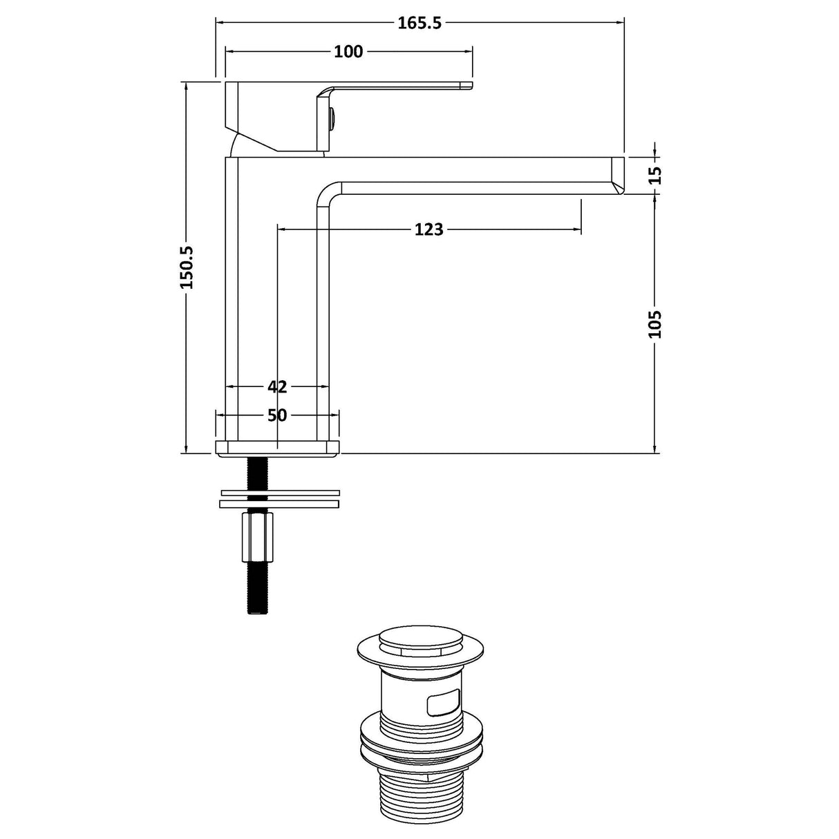 Square Mono Basin Mixer Bathroom Sink Tap with Push Button Waste