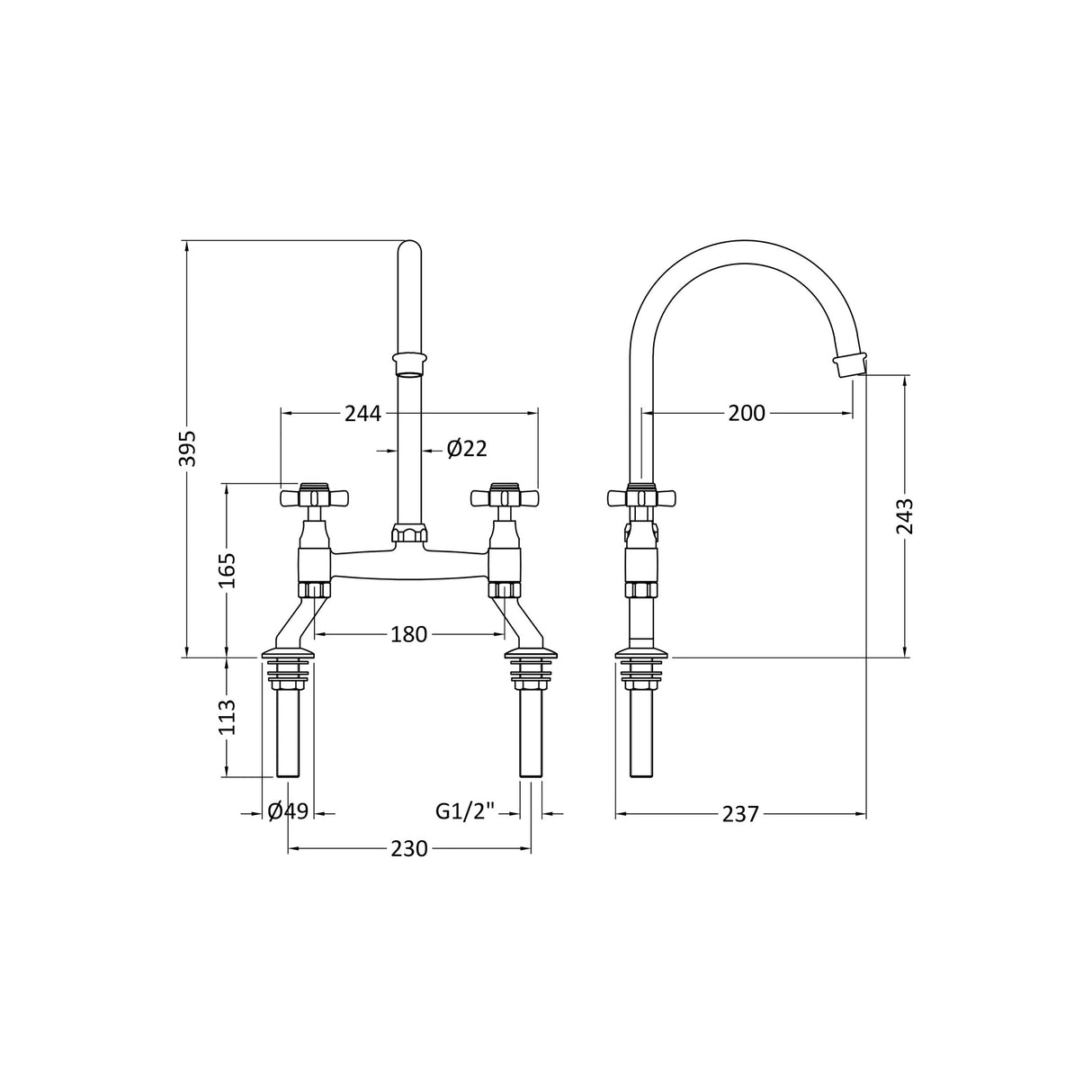 Traditional Bridge Mixer Kitchen Tap - With Multiple Finishes and Handle Options Available