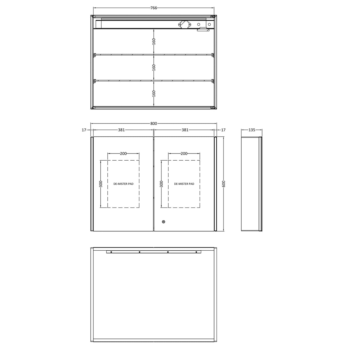 2 Door Touch Sensor Mirror Cabinet with 2 Shelves, Demister & Shaving Socket