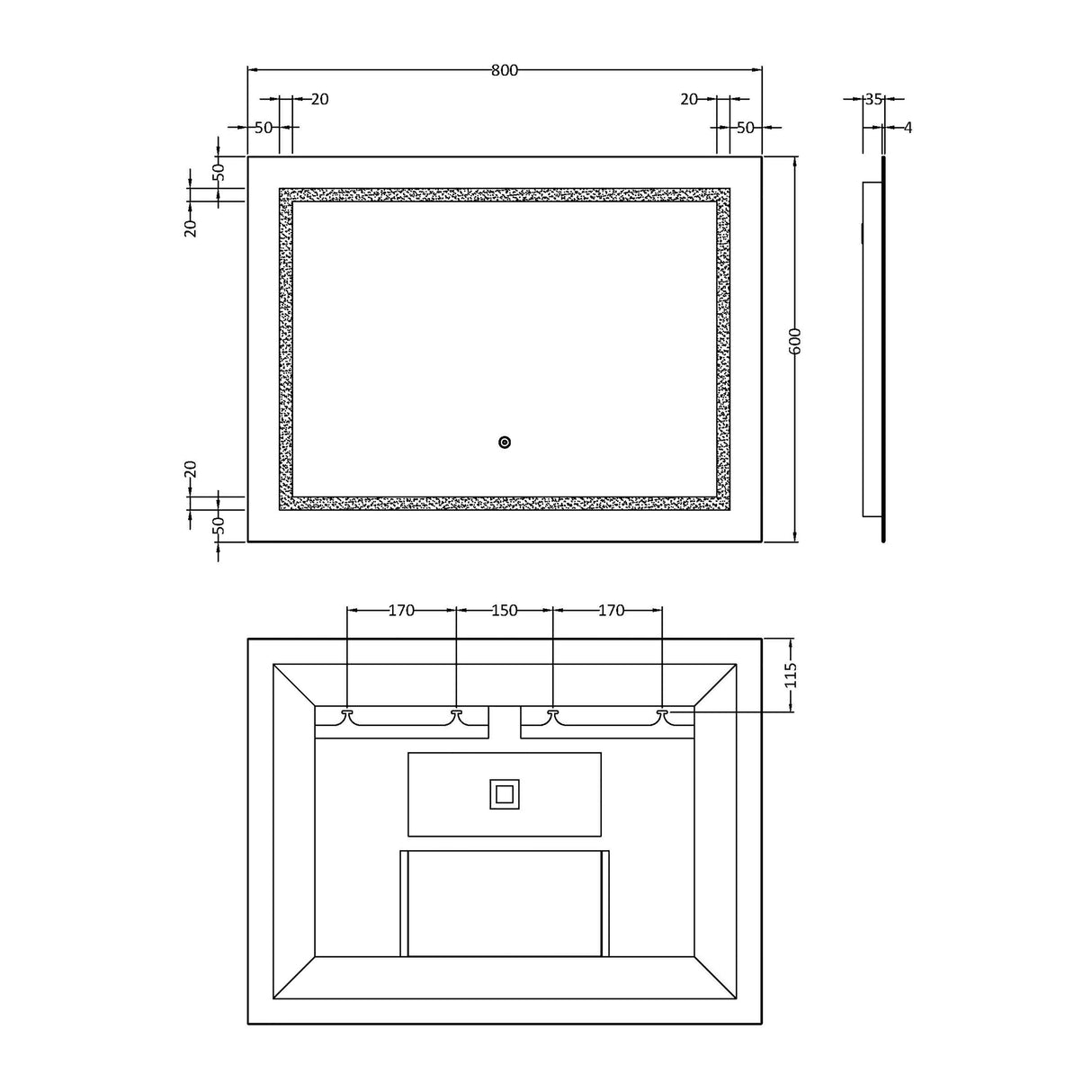 Rectangular Landscape LED Illuminated Touch Sensor Mirror with Demister, 800mm x 500mm