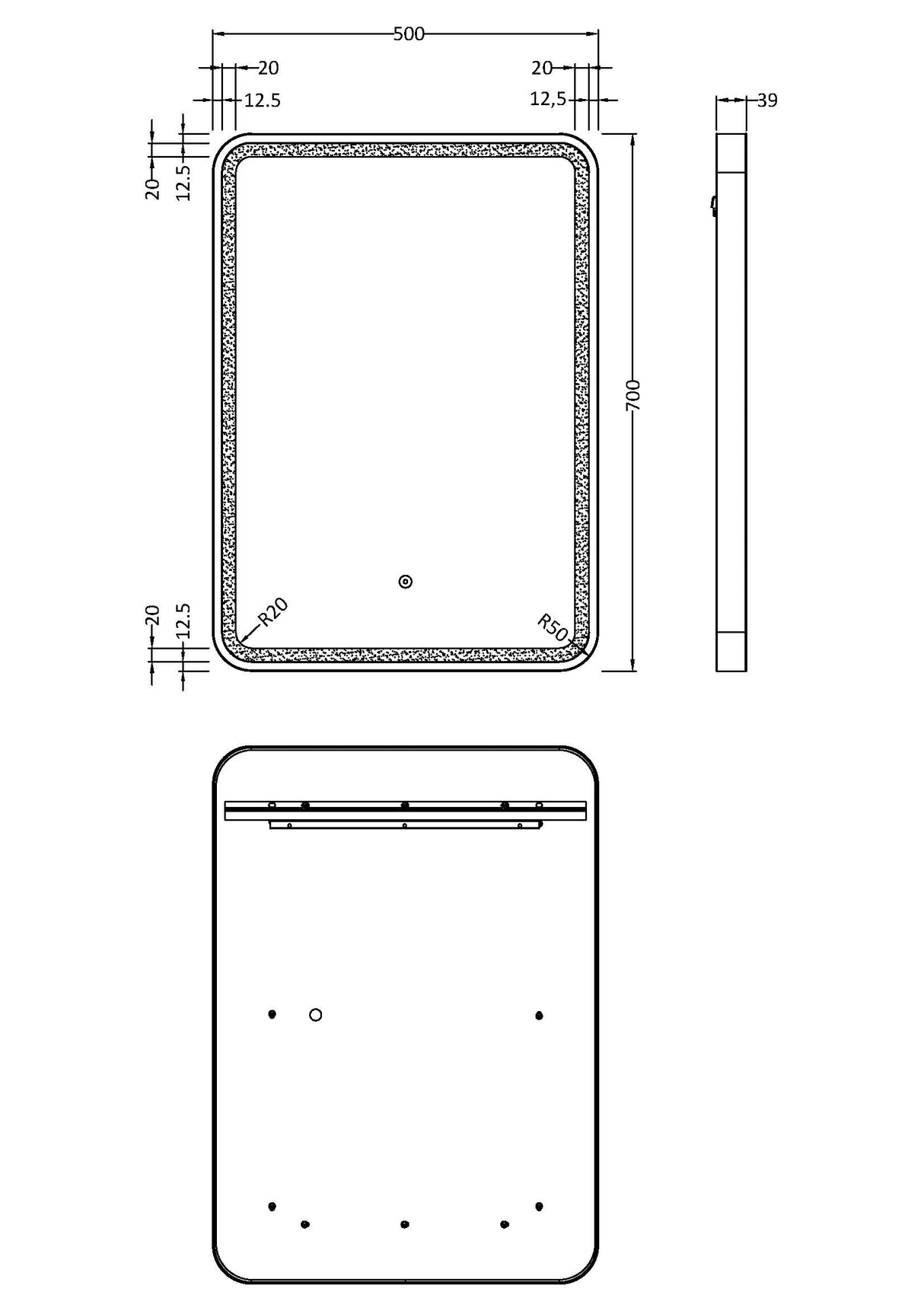 Rectangular LED Illuminated Touch Sensor Framed Mirror with Demister, 700mm x 500mm