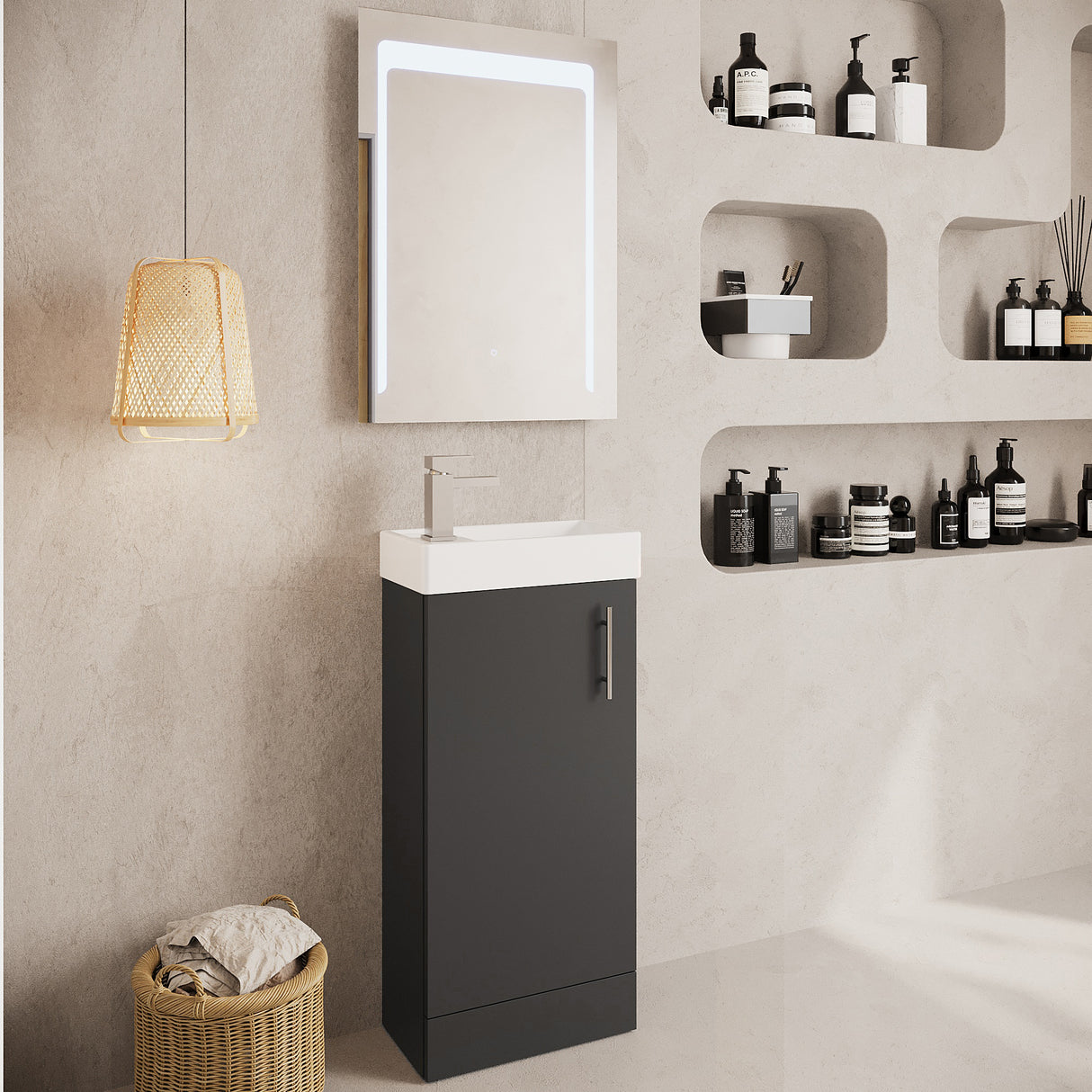 Compact Cloakroom Vanity Basin Unit, 400mm - Choice of Mount Type, Colour and Handle Finish