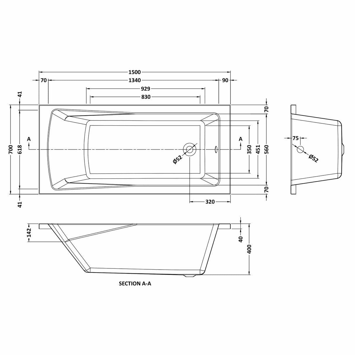 Contemporary Square Single Ended Bath Tub & Leg Set - Multiple Sizes