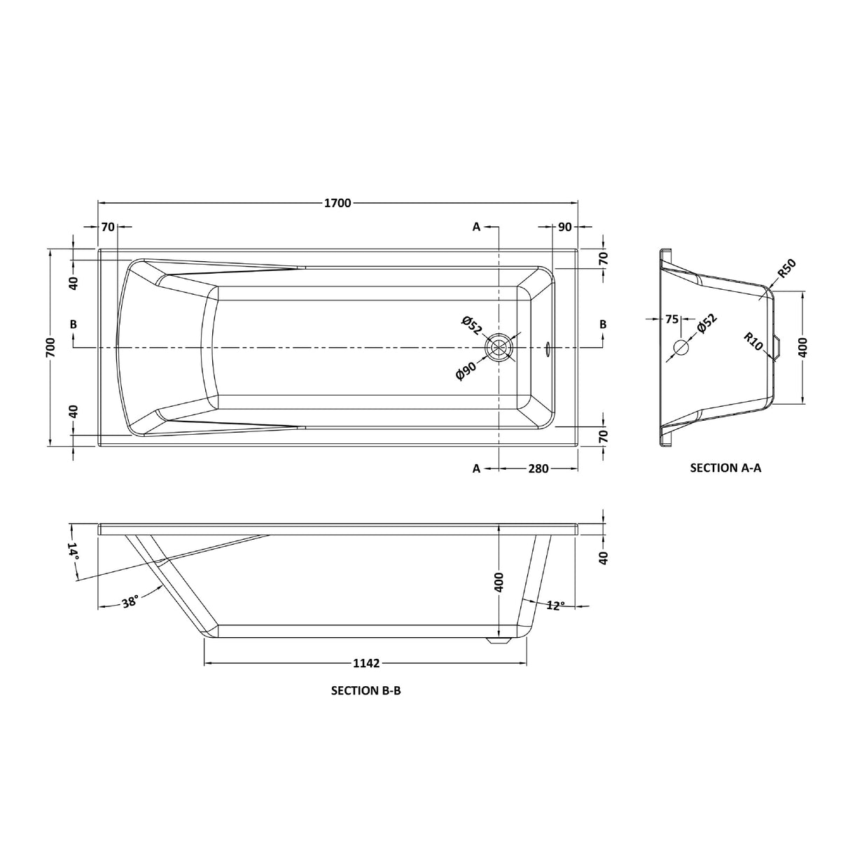 Contemporary Square Single Ended Bath Tub & Leg Set - Multiple Sizes