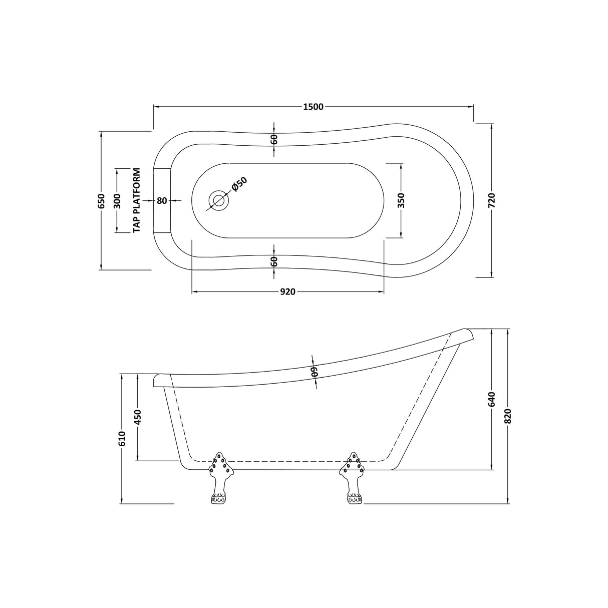 Traditional Rolltop Slipper Freestanding Bath & Feet from Balterley - Multiple Sizes Available