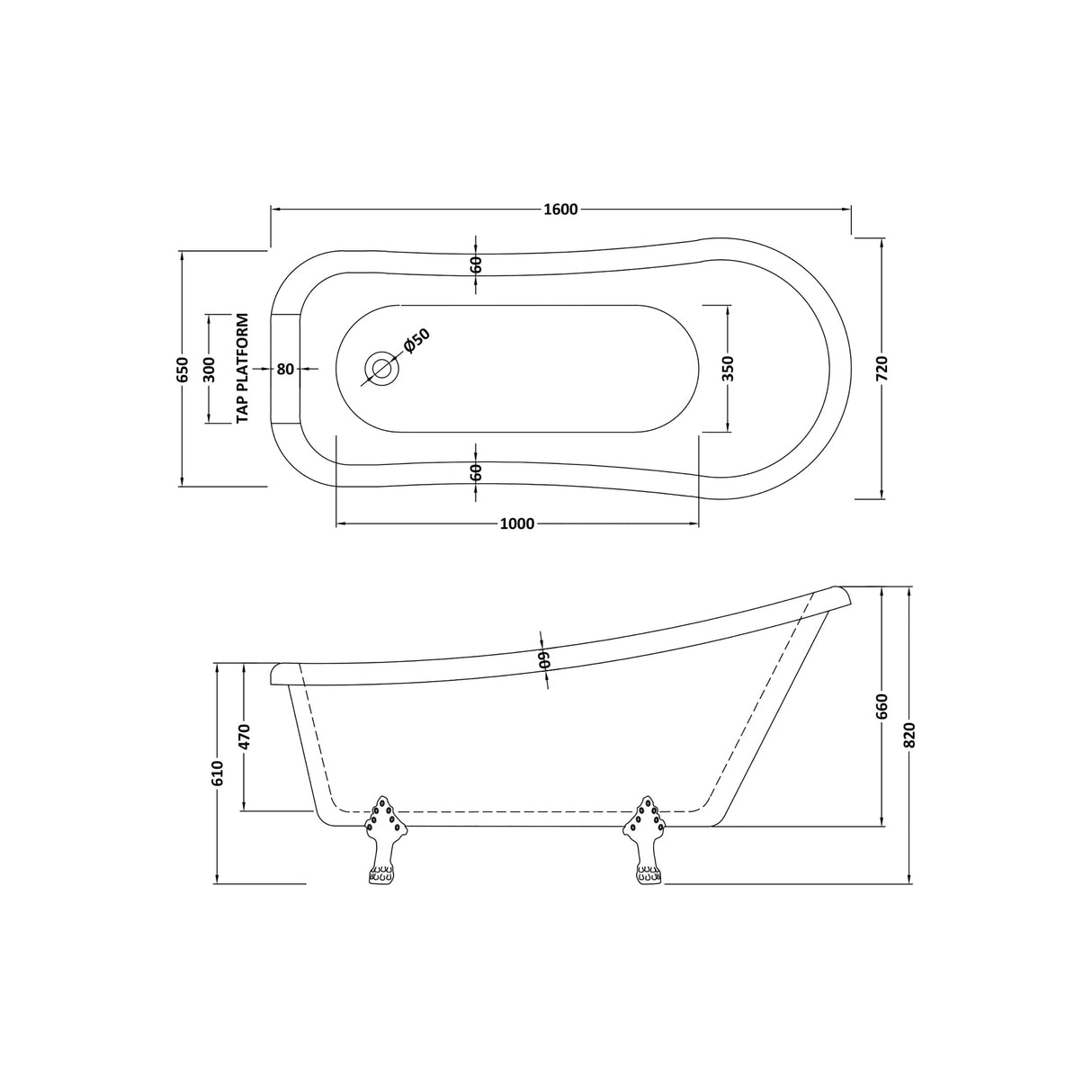 Traditional Rolltop Slipper Freestanding Bath & Feet from Balterley - Multiple Sizes Available