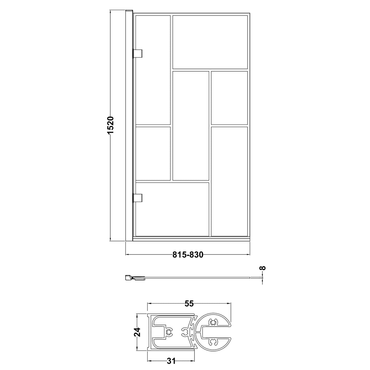 Modern Square Abstract Bath Shower Screen – Black, 830 x 1520 x 38 mm
