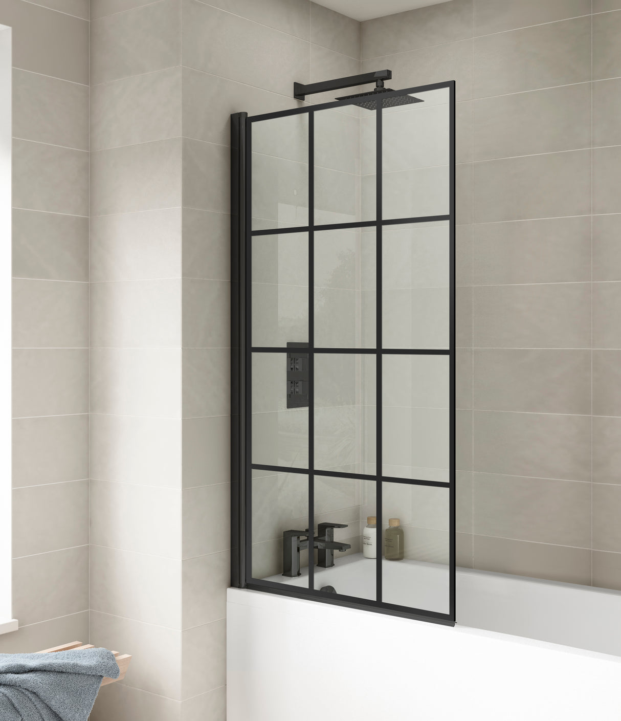 Black Framed Reversible Hinged Shower Bath Screen – 6 mm Toughened Safety Glass, H: 1430 × W: 790 × D: 38 mm