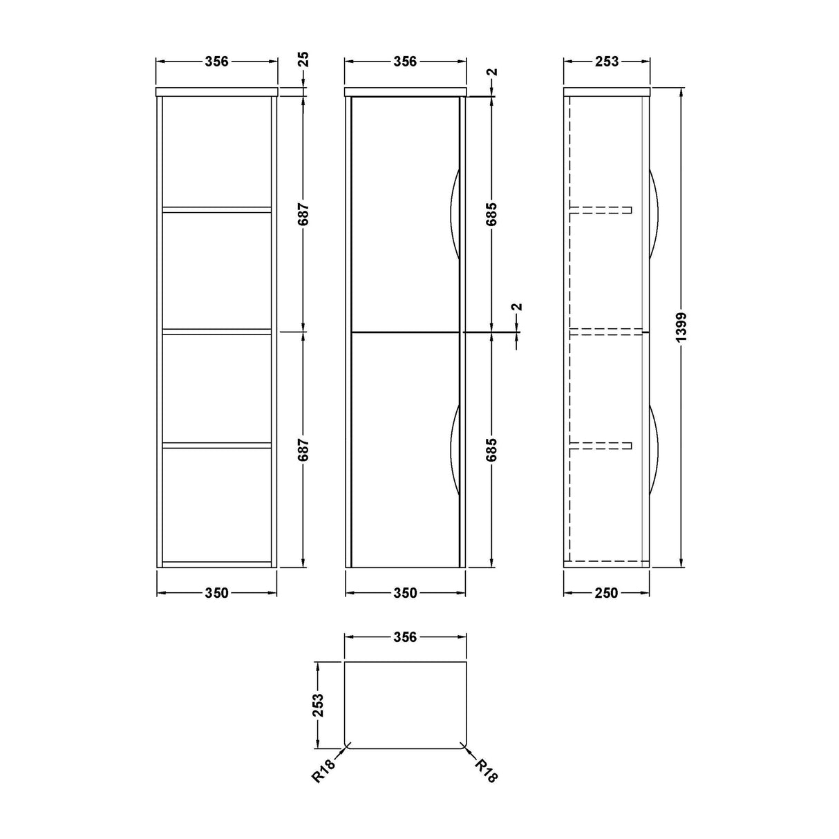 Wall Hung Tall Bathroom Storage Unit 1399 x 356 x 253mm - Choice of Colour