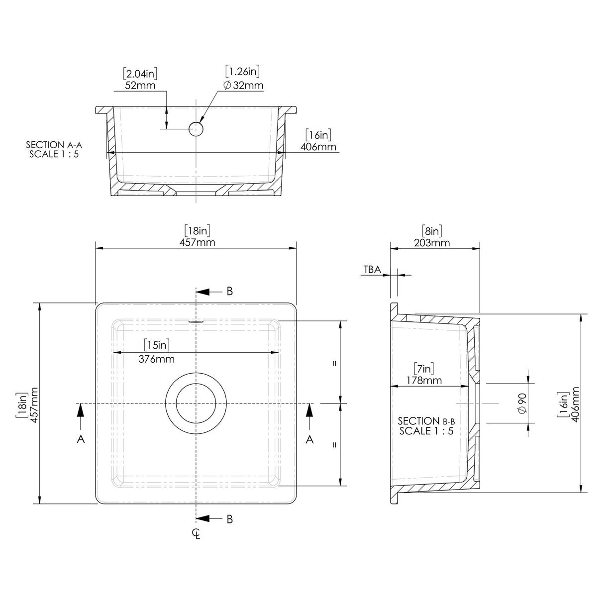 Fireclay Single Bowl Undermount Kitchen Sink with Overflow - 457mm - Multiple Colours