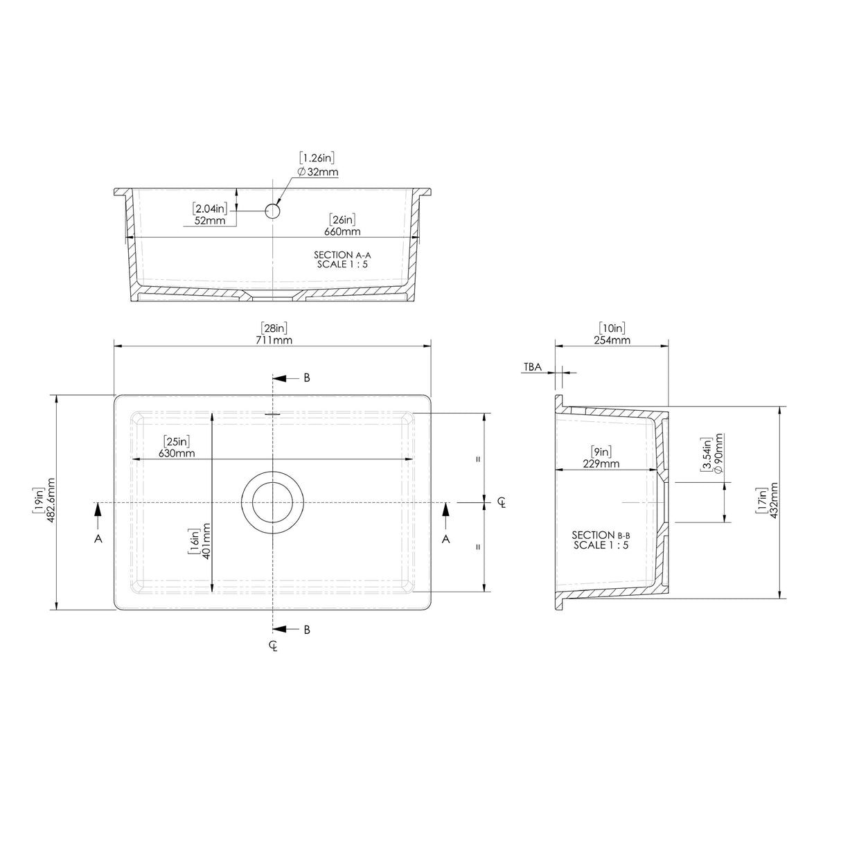 Single Bowl Fireclay Ceramic Square Undermount Kitchen Sink with Central Waste & Overflow