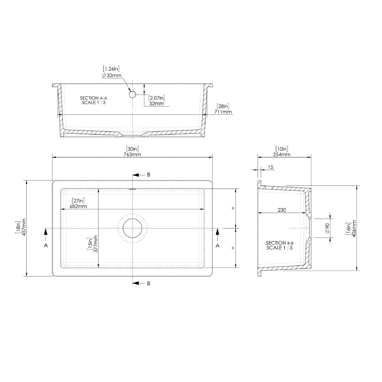 Single Bowl Fireclay Ceramic Square Undermount Kitchen Sink with Overflow
