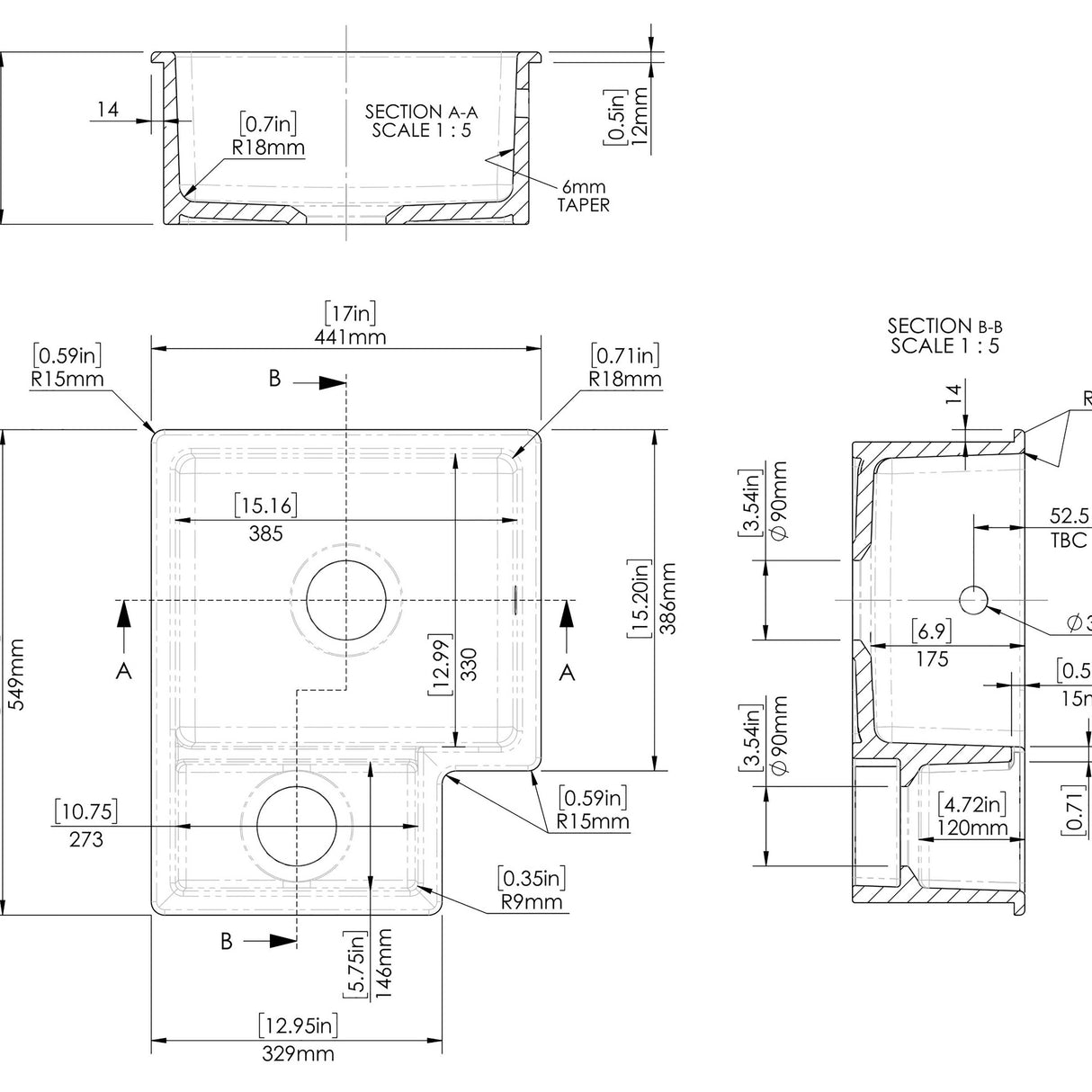 Fireclay 1.5 Bowl Undermount Kitchen Sink with Overflow - 549mm - Available as Left or Right Hand