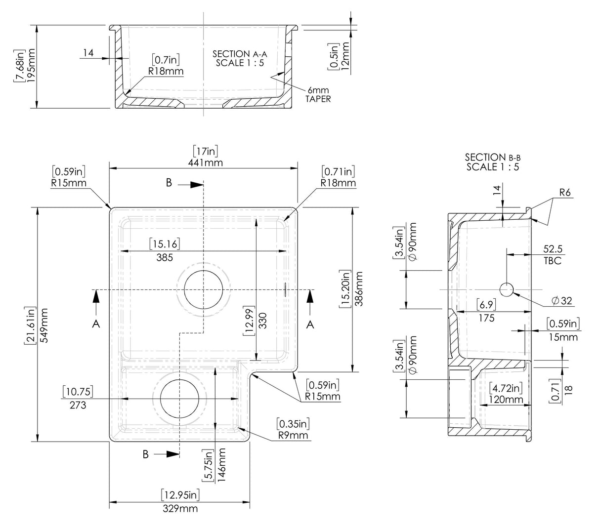 Fireclay 1.5 Bowl Undermount Kitchen Sink with Overflow - 549mm - Available as Left or Right Hand