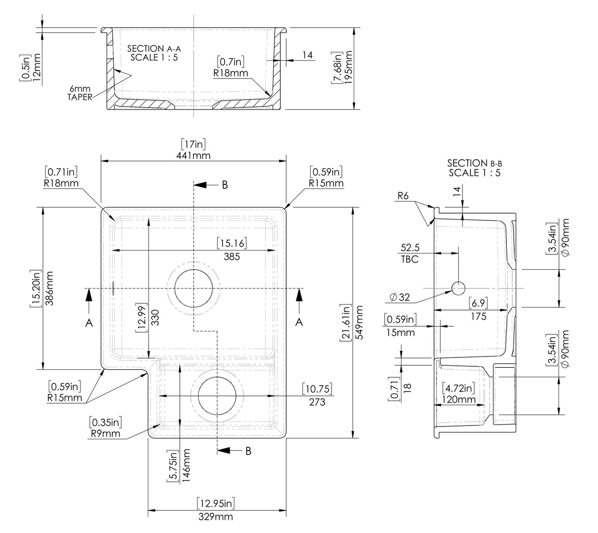Fireclay 1.5 Bowl Undermount Kitchen Sink with Overflow - 549mm - Available as Left or Right Hand
