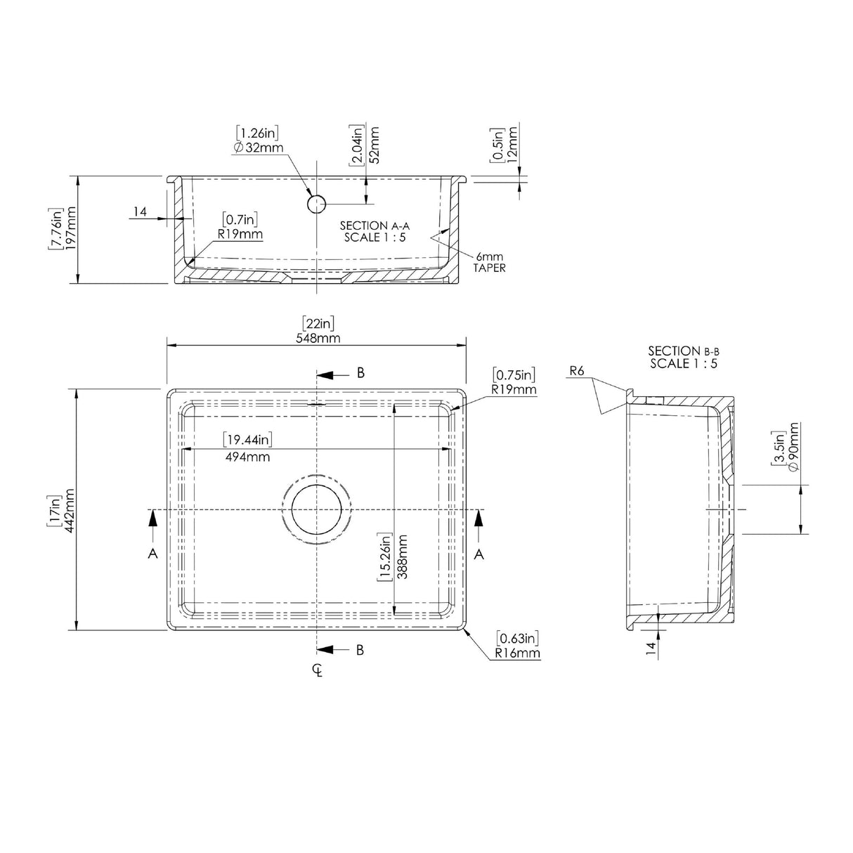 Single Bowl Fireclay Ceramic Square Undermount Kitchen Sink with Overflow - Multiple Finishes