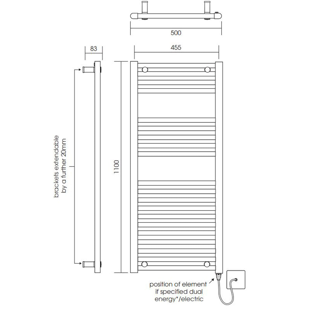 Straight Heated Rail Dual Fuel Towel Warmer, W: 500mm – Choice of Size & Finish