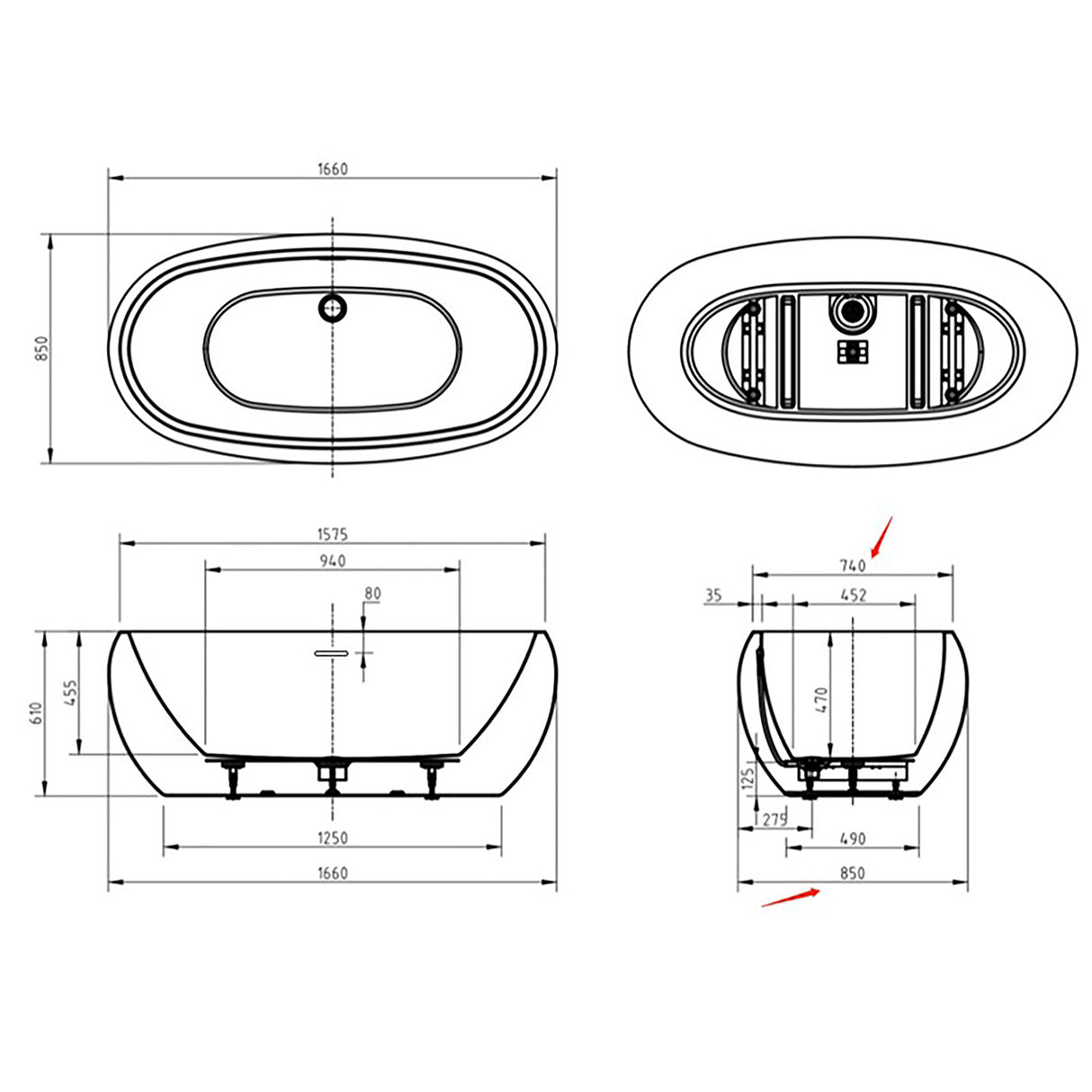 Oval Freestanding Bath - 1600 x 850mm