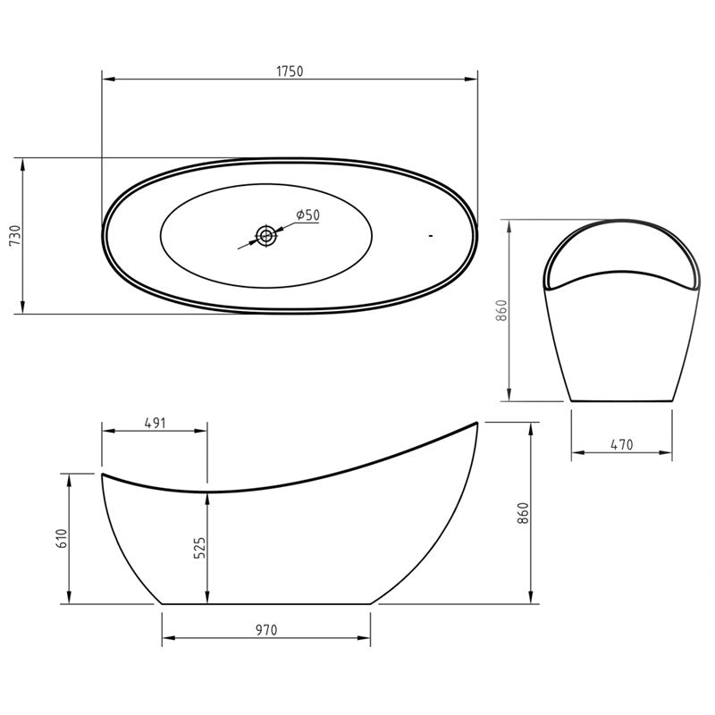 Modern Freestanding Slipper Bath - Black Finish - 1750 x 730mm