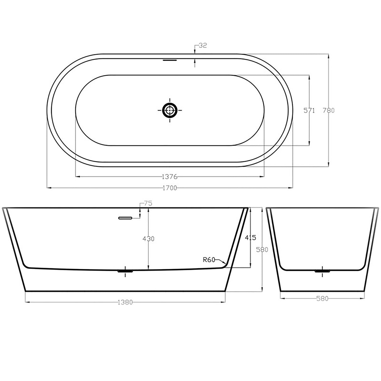 Modern Freestanding Acrylic Bath - Choice of Size