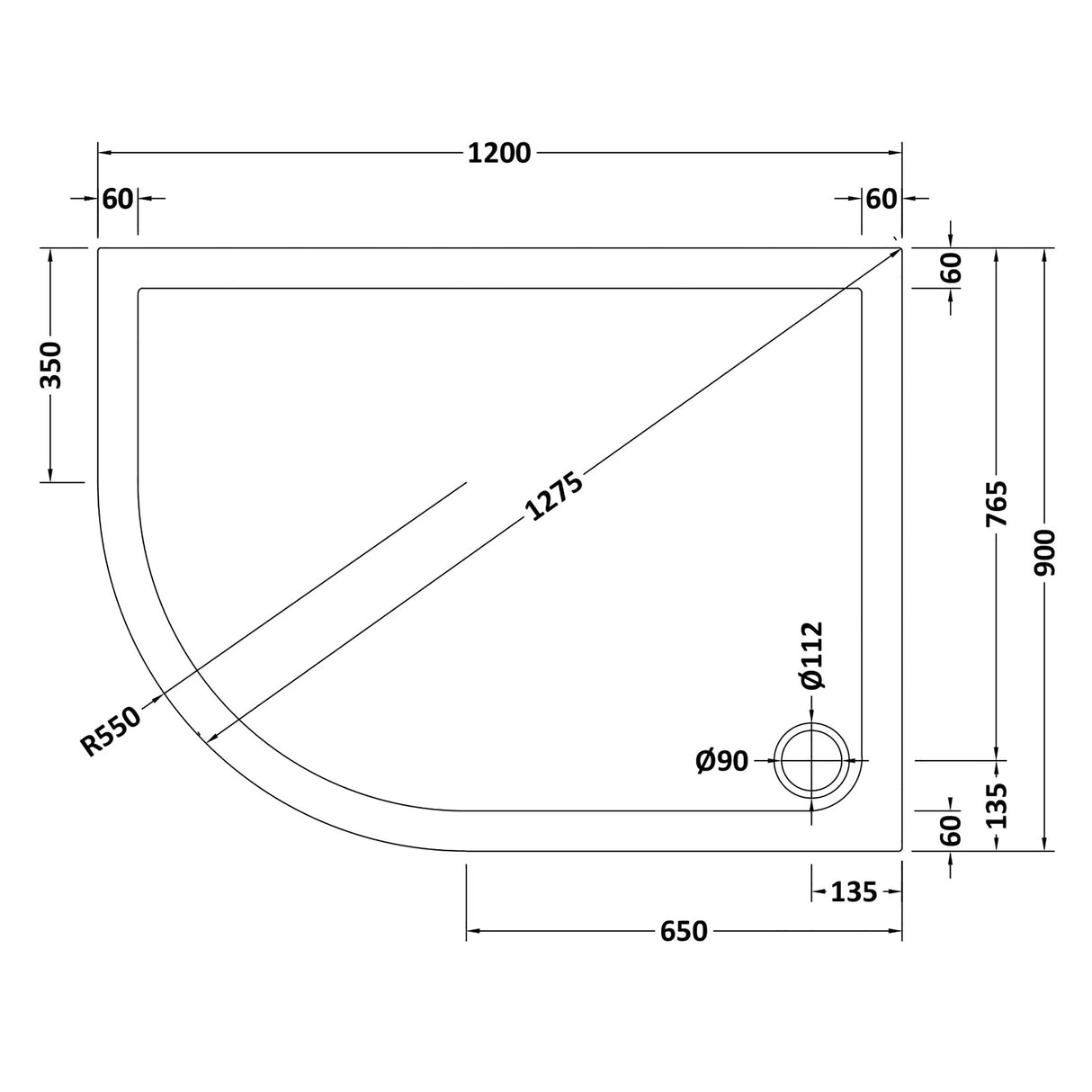 Modern Offset Quadrant Shower Tray - Left or Right Hand - Choice of Size and Finish