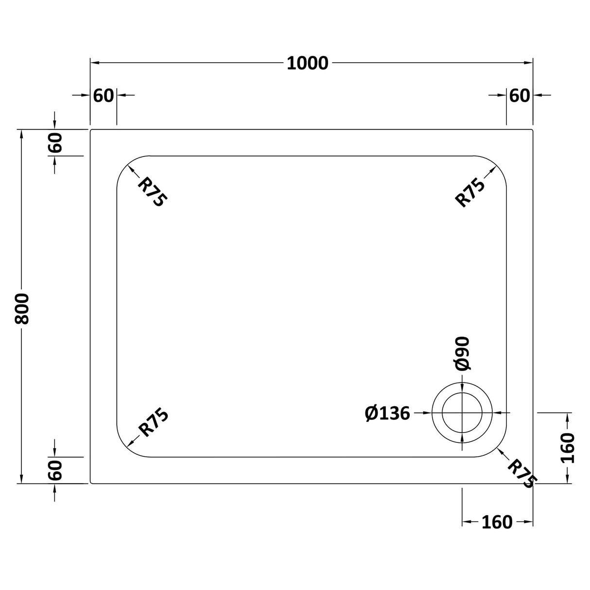 White Rectangular Stone Resin Premium Shower Tray with Corner Waste Position, Multiple Sizes Available