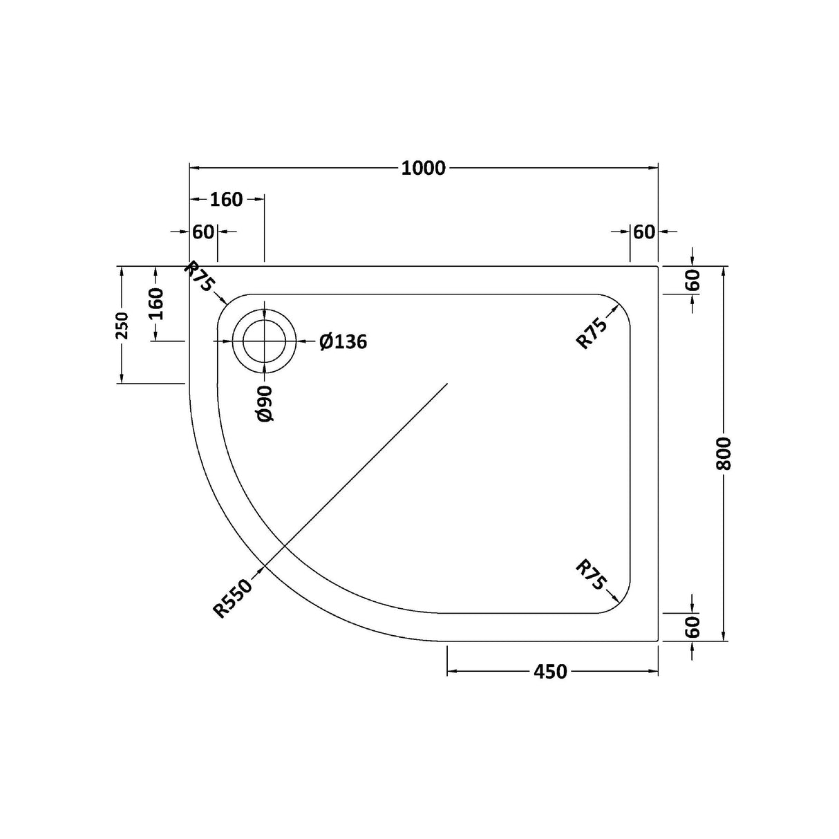 Bathroom Offset Quadrant Shower Tray, Choice of Size and Orientation