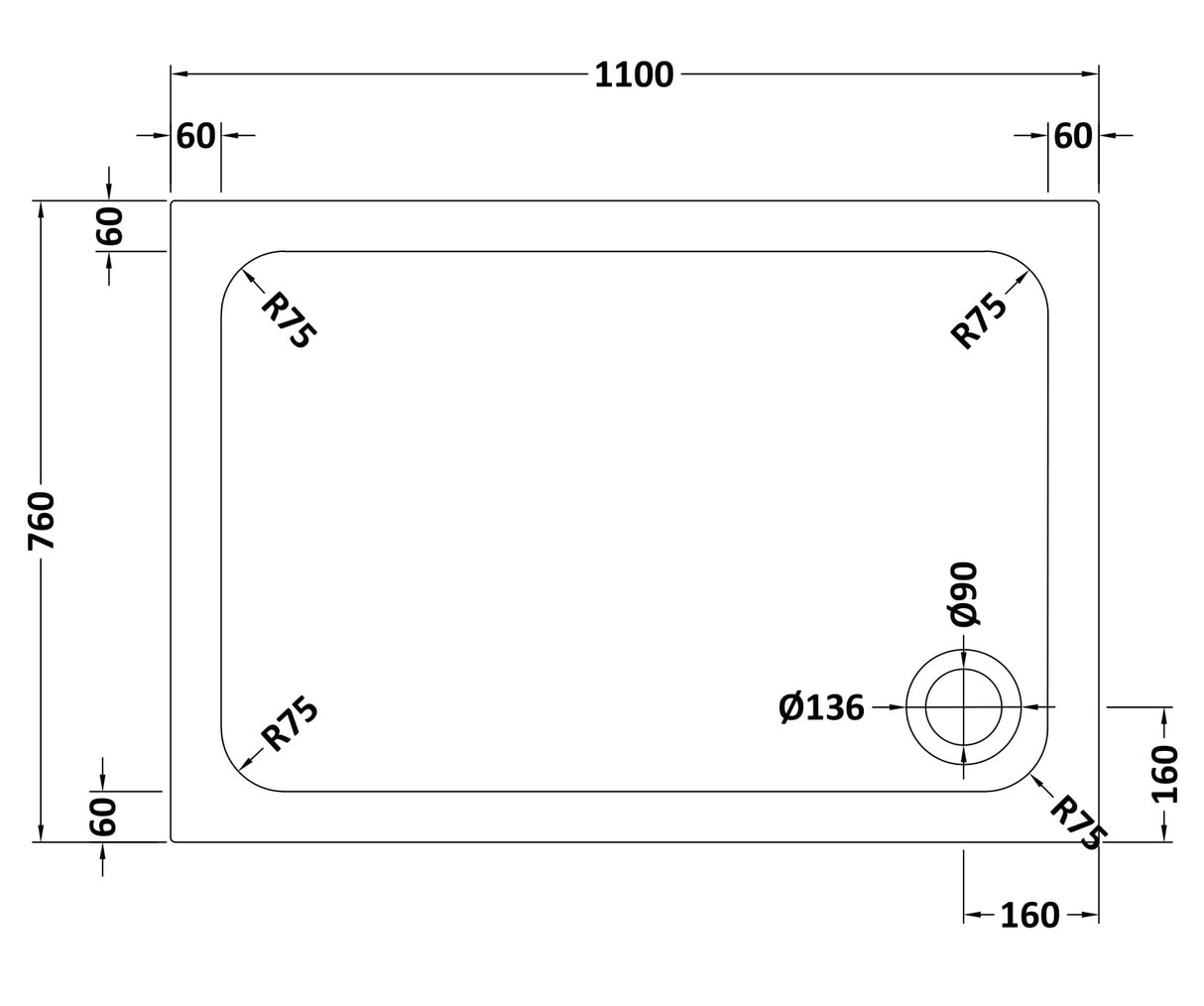 White Rectangular Stone Resin Premium Shower Tray with Corner Waste Position, Multiple Sizes Available