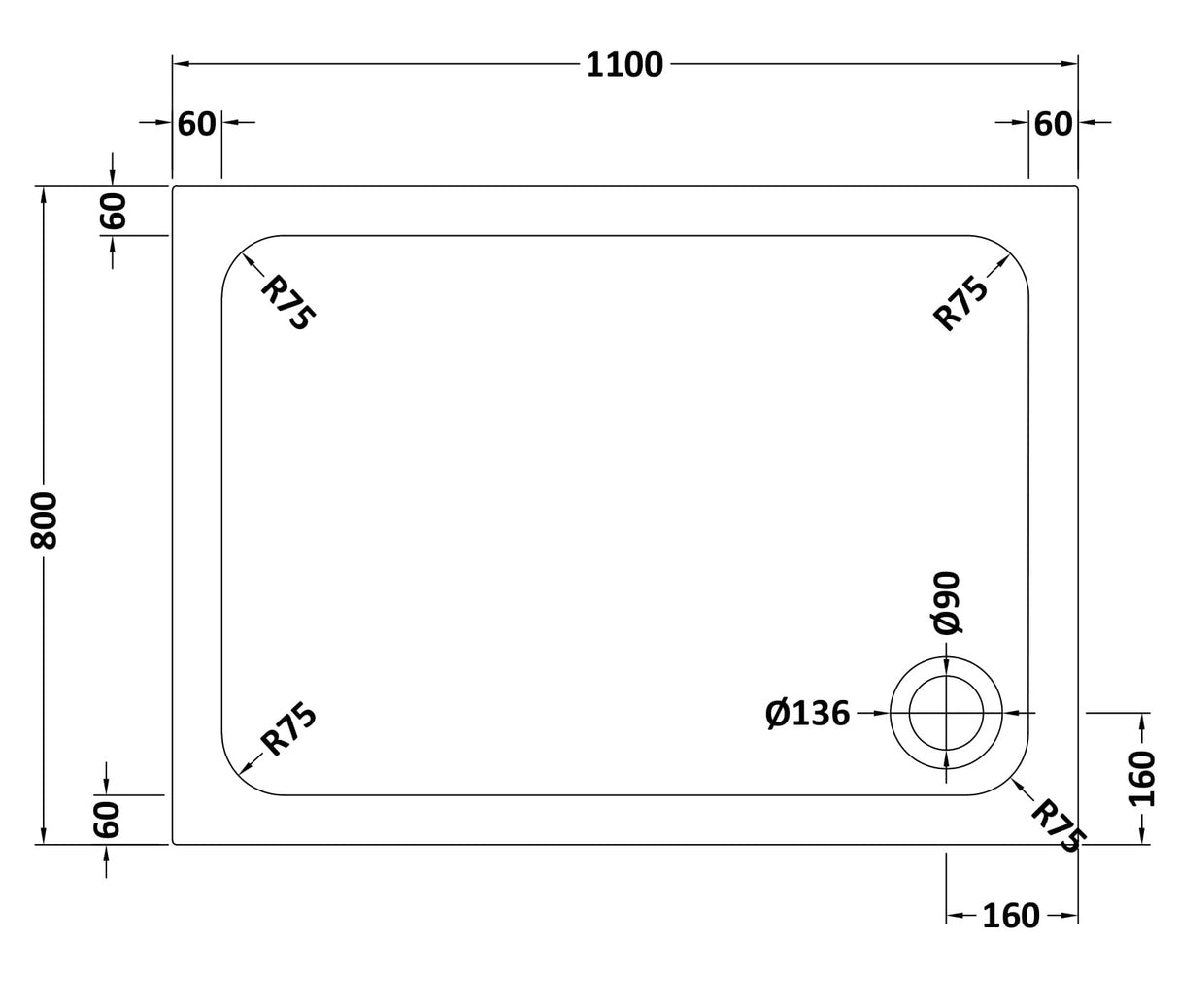 White Rectangular Stone Resin Premium Shower Tray with Corner Waste Position, Multiple Sizes Available