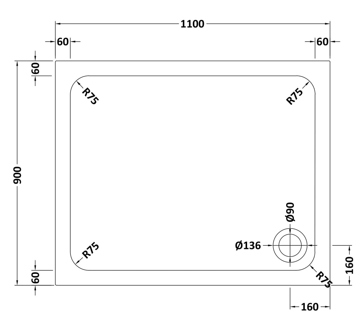 White Rectangular Stone Resin Premium Shower Tray with Corner Waste Position, Multiple Sizes Available