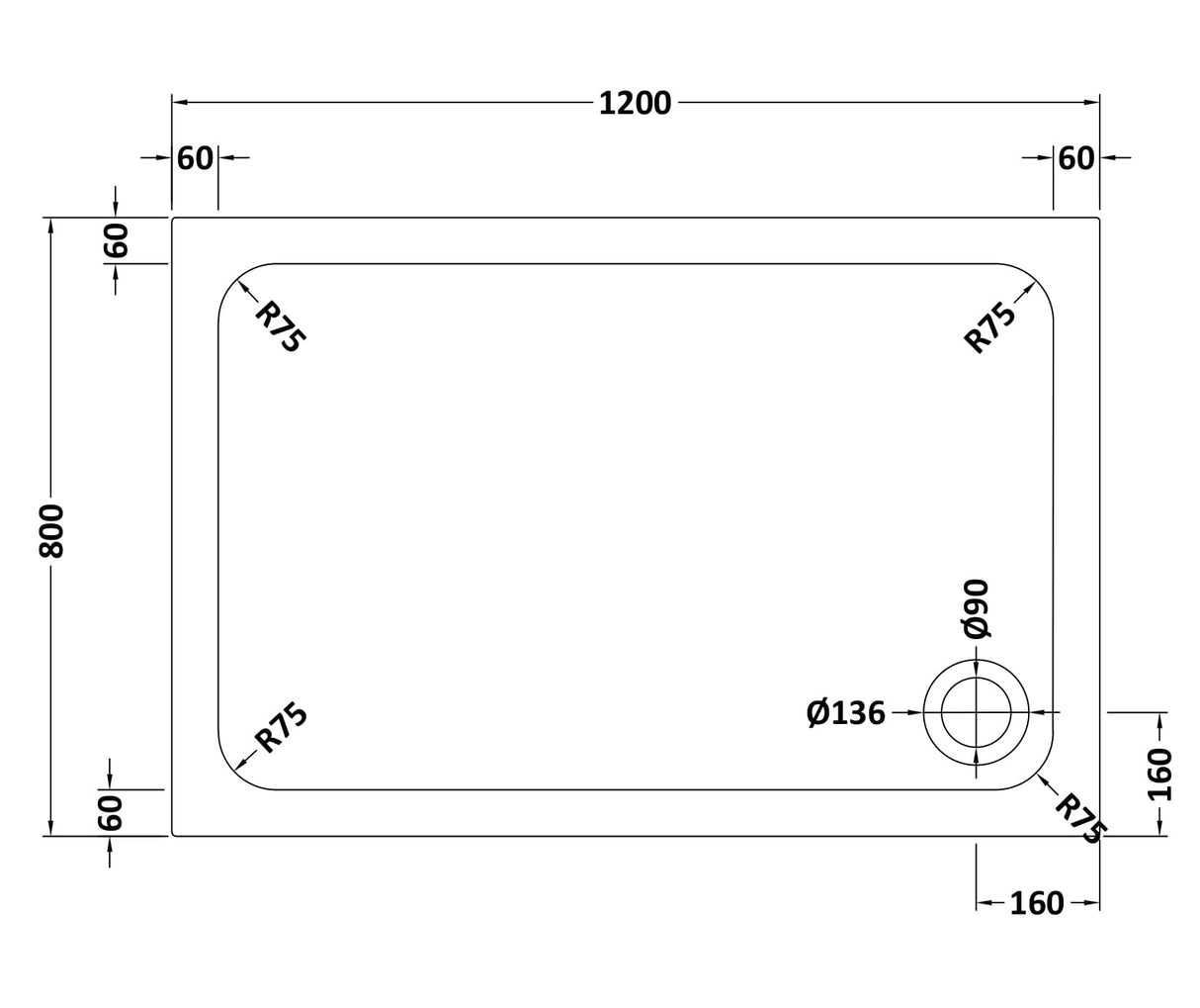 White Rectangular Stone Resin Premium Shower Tray with Corner Waste Position, Multiple Sizes Available
