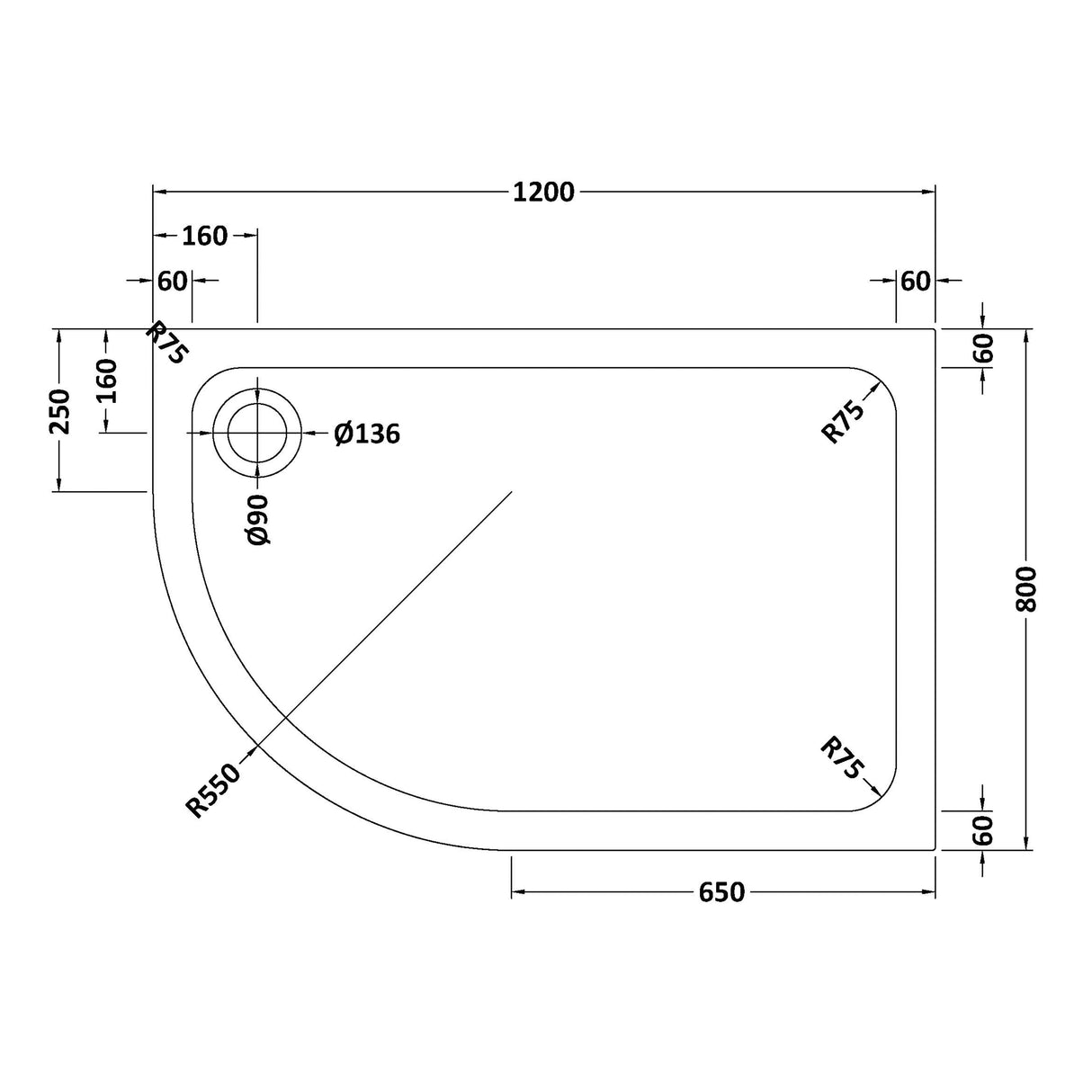 Bathroom Offset Quadrant Shower Tray, Choice of Size and Orientation