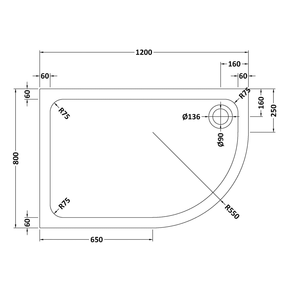 Bathroom Offset Quadrant Shower Tray, Choice of Size and Orientation