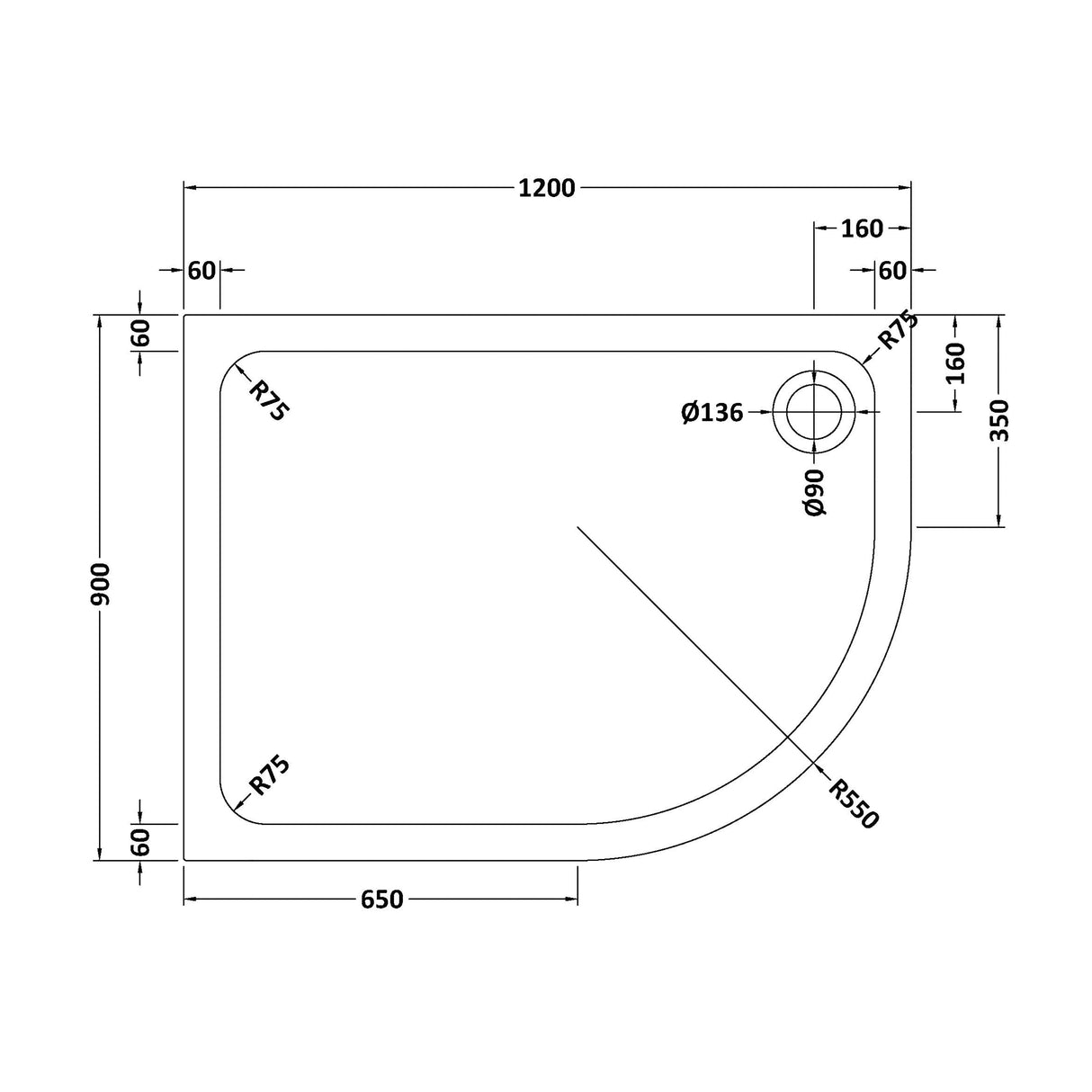 Bathroom Offset Quadrant Shower Tray, Choice of Size and Orientation