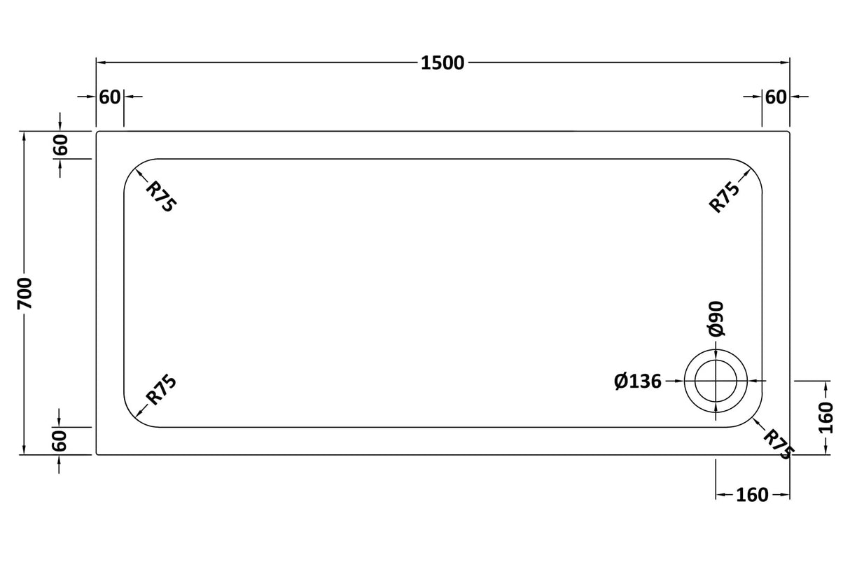 White Rectangular Stone Resin Premium Shower Tray with Corner Waste Position, Multiple Sizes Available