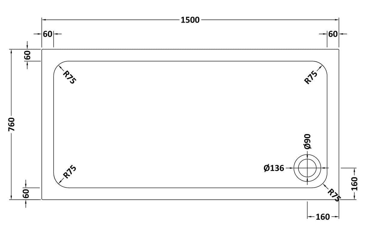 White Rectangular Stone Resin Premium Shower Tray with Corner Waste Position, Multiple Sizes Available
