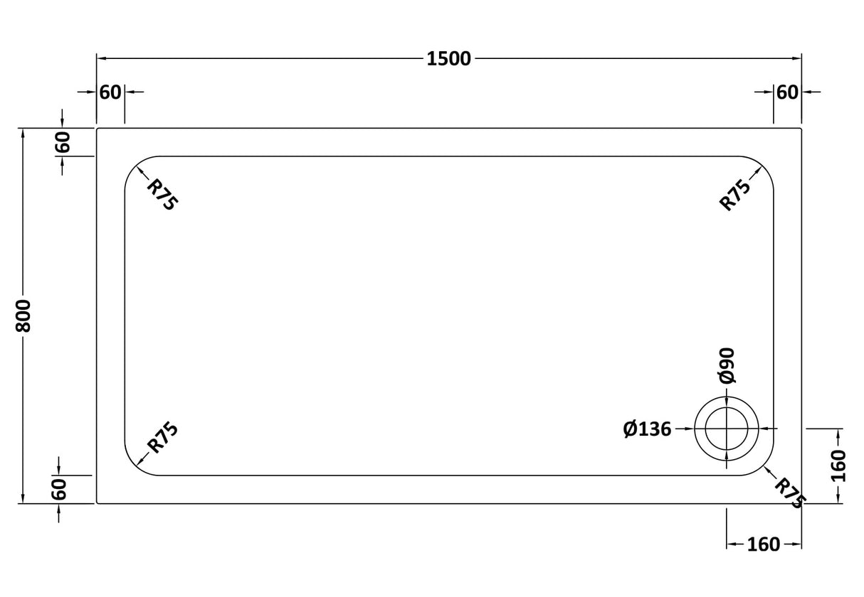 White Rectangular Stone Resin Premium Shower Tray with Corner Waste Position, Multiple Sizes Available