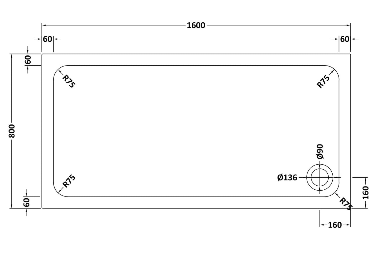 White Rectangular Stone Resin Premium Shower Tray with Corner Waste Position, Multiple Sizes Available
