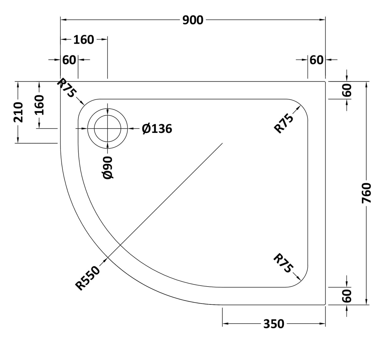 Bathroom Offset Quadrant Shower Tray, Choice of Size and Orientation