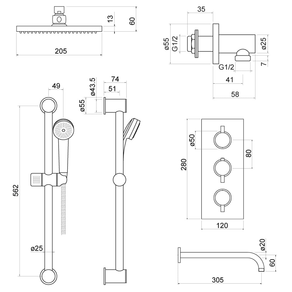 Thermostatic Shower Set with Shower Head, Handset and Valve - Choice of Colour