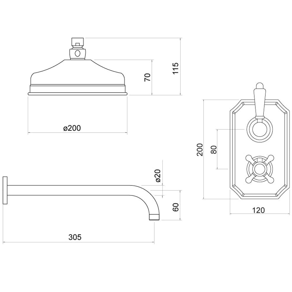 Traditional Thermostatic Shower Set with Valve, Shower Head and Arm