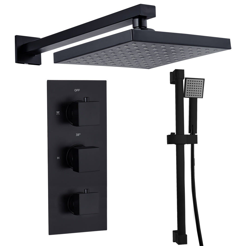 Black Concealed Thermostatic Shower Set with Valve, Head and Arm and Slide Rail