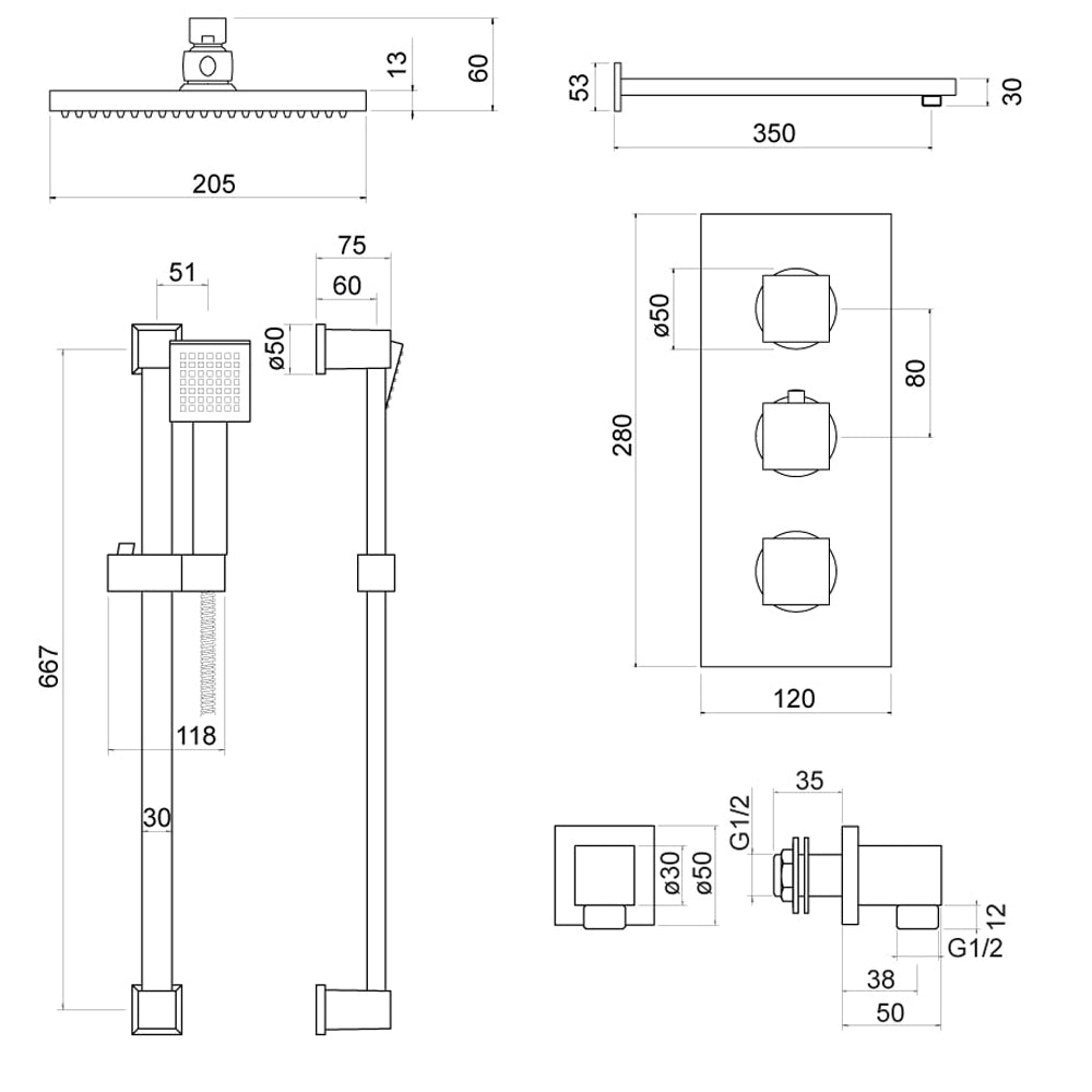 Black Concealed Thermostatic Shower Set with Valve, Head and Arm and Slide Rail