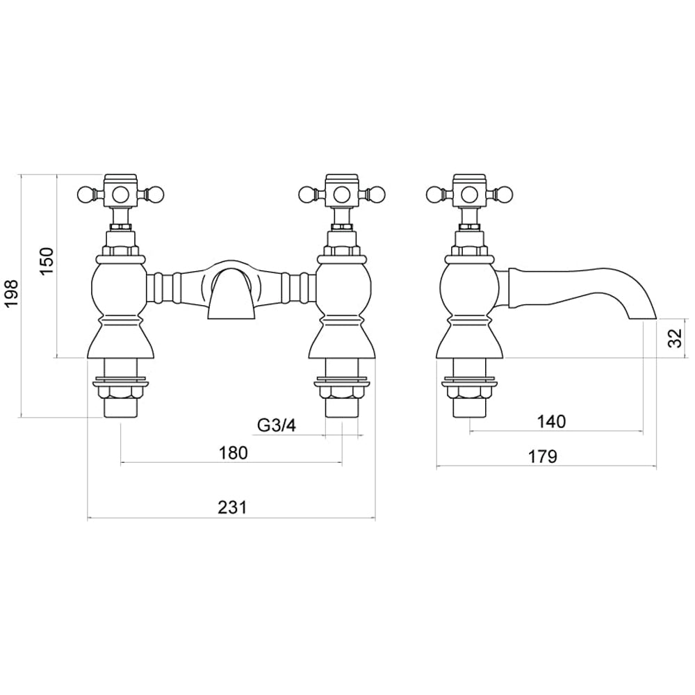Traditional Bathroom Deck Mounted Bridge Bath Filler Tap - Crosshead Handles - Chrome