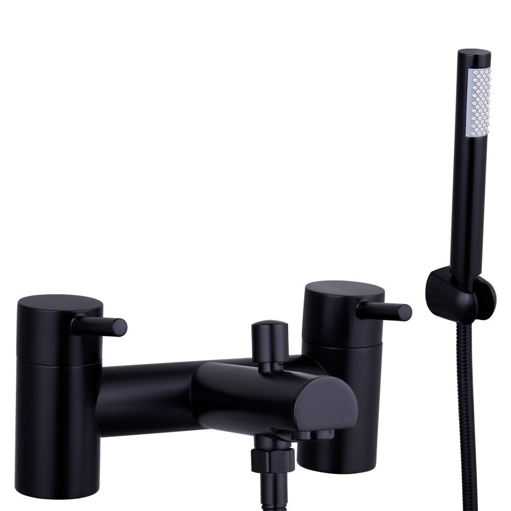 Modern Bathroom Round Minimalist Deck Mounted Bath Shower Mixer Tap with Kit - Black