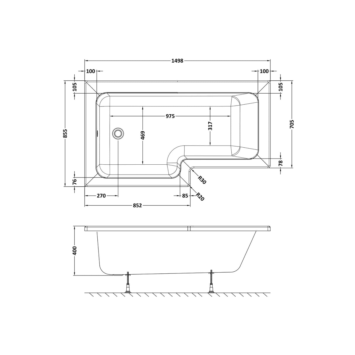 Modern Square Shower Bath - Choose Size and Left or Right Orientation