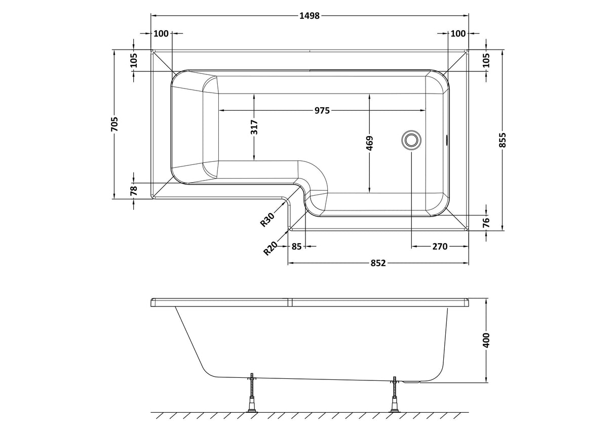 Modern Square Shower Bath - Choose Size and Left or Right Orientation
