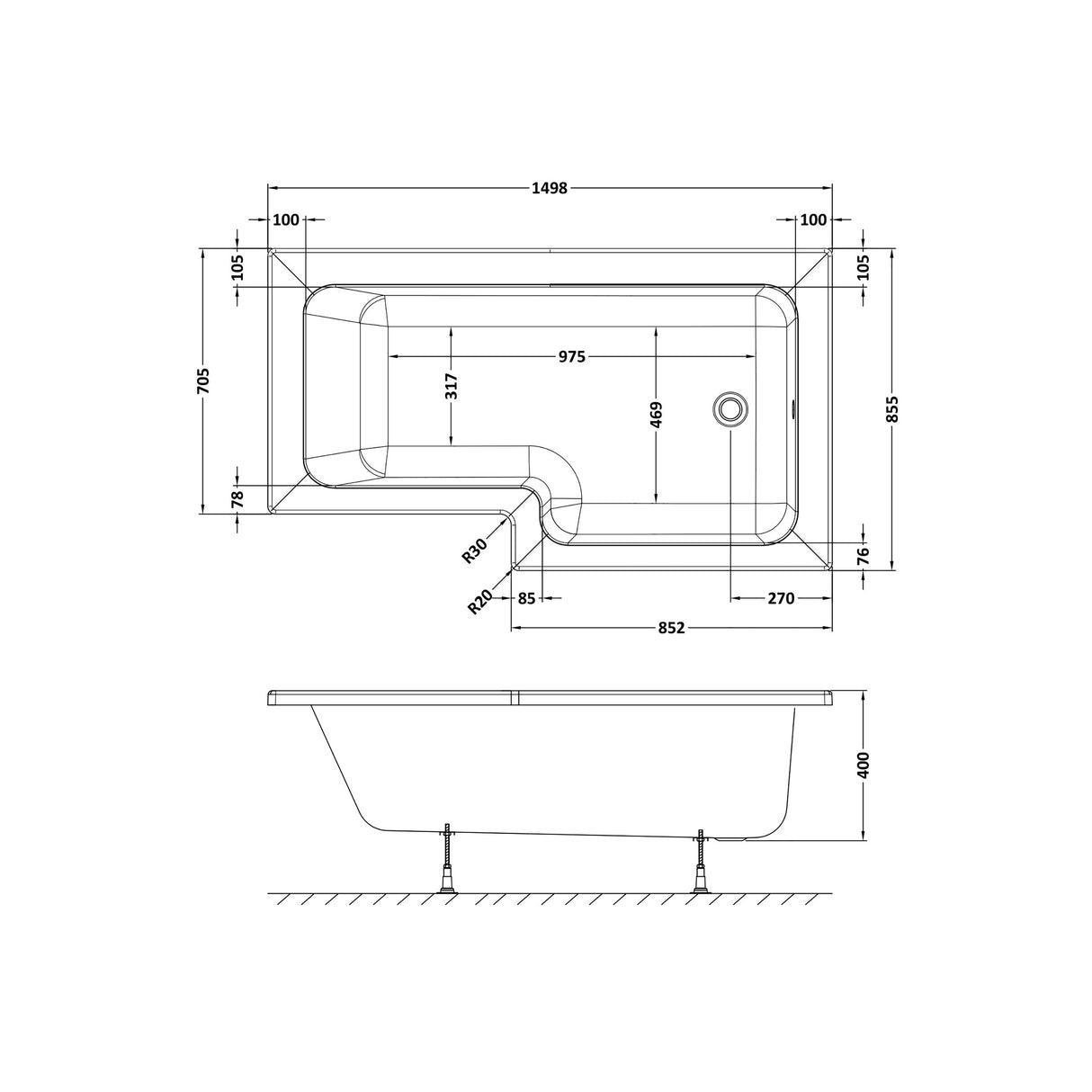 Modern Square Shower Bath - Choose Size and Left or Right Orientation