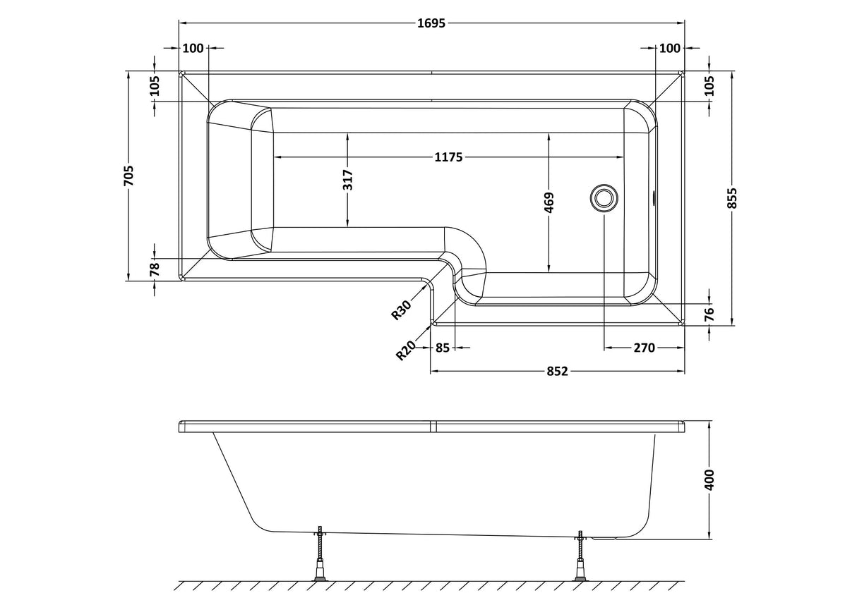 Modern Square Shower Bath - Choose Size and Left or Right Orientation